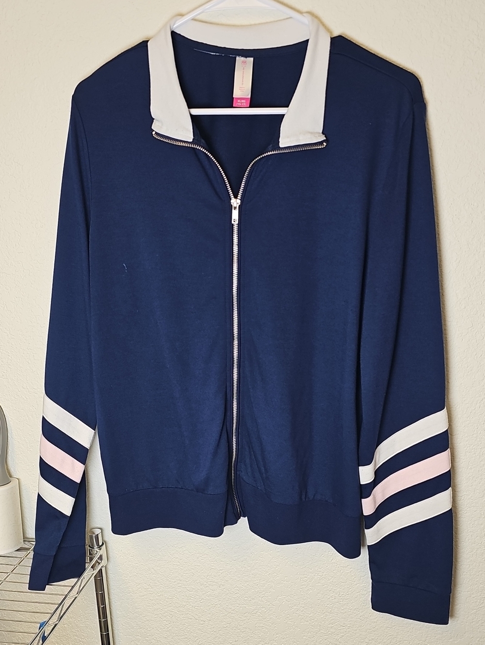 No Boundaries Navy Zip-Up Bomber Jacket with White & Pink Stripe Accents